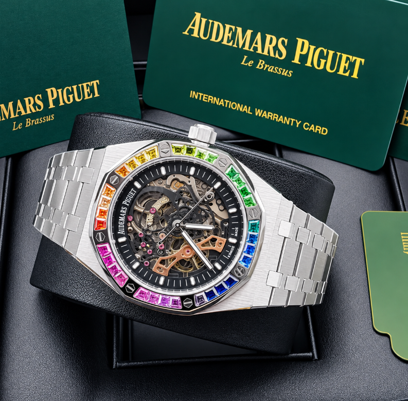 Audemars Piguet Rainbow Silver Skeleton Automatic Luxury Wristwatch