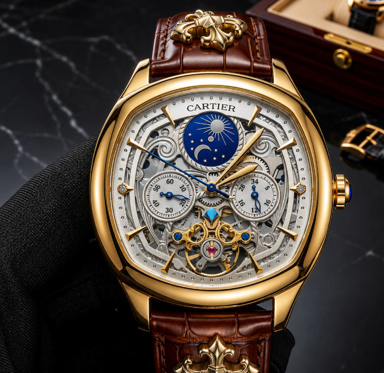Cartier-Style Men’s Skeleton Mechanical Wristwatch