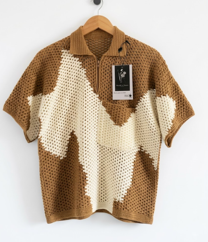 Men’s Abstract Crochet Quarter-Zip Polo Shirt
