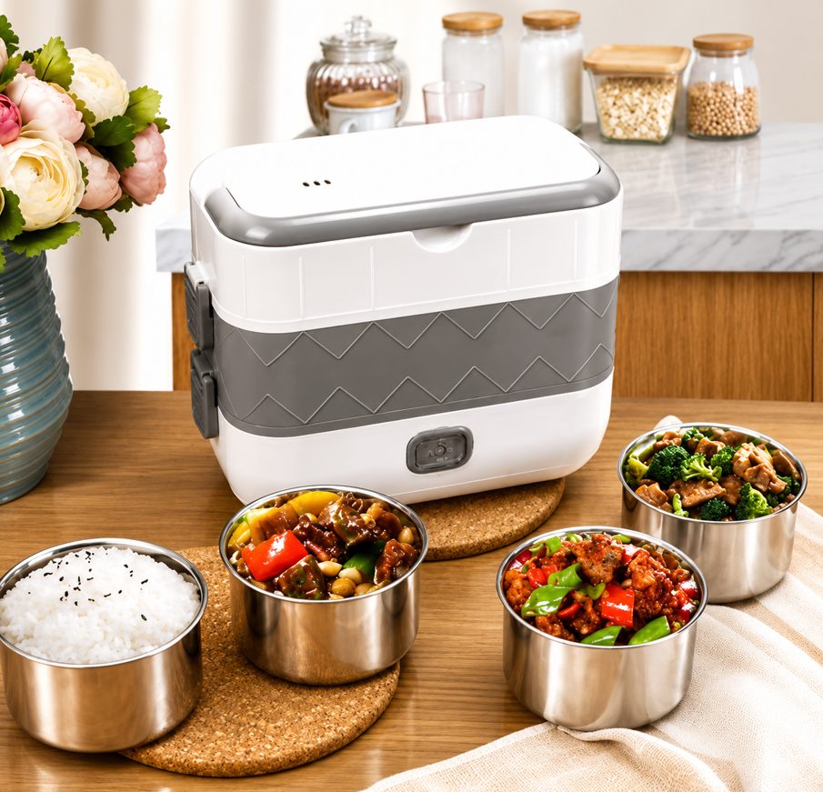Double Layer Electric Food Warmer & Cooking Lunch Box (4 Stainless Steel Bowls)